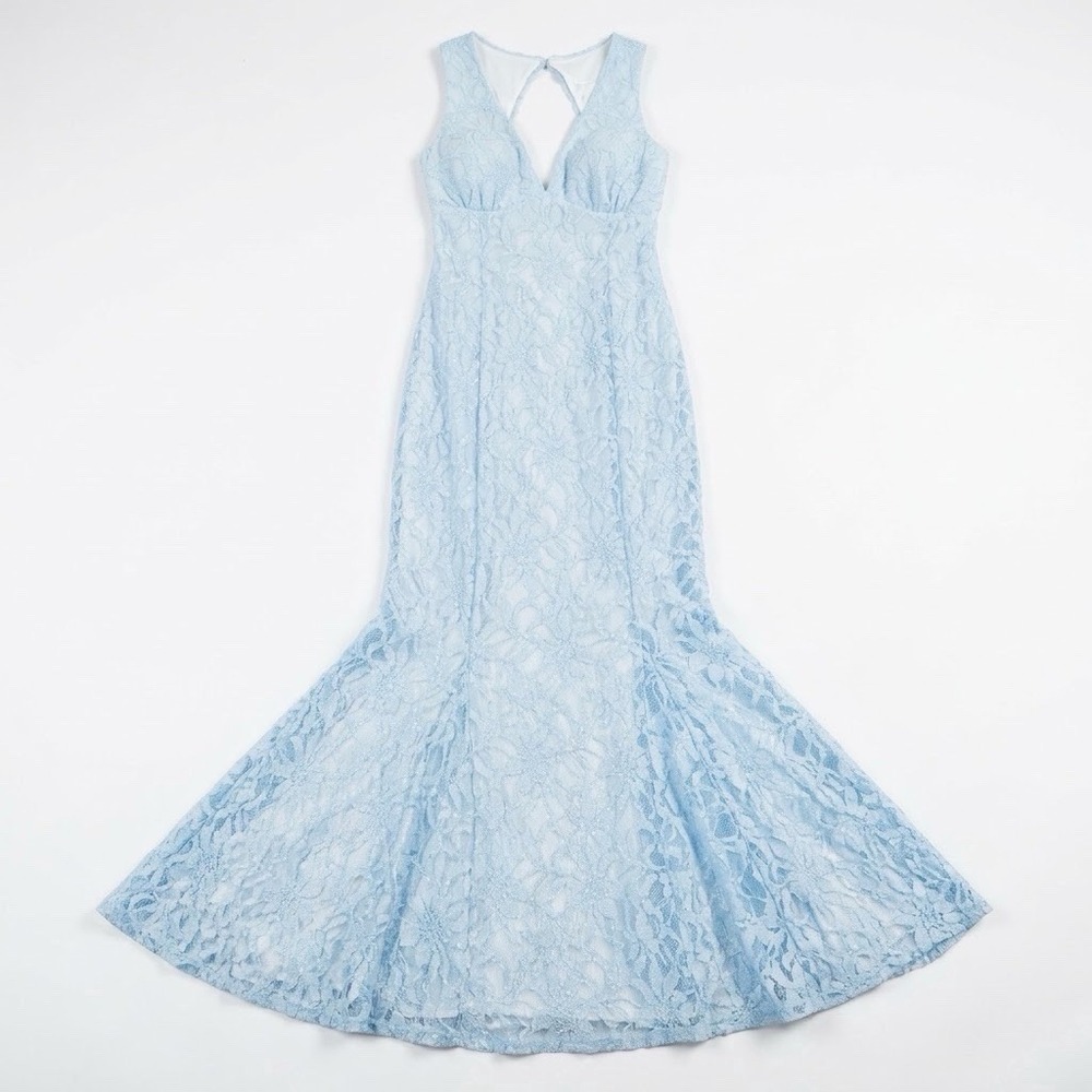 Morgan & Co Womens 9 Light Blue Lace Glitter Maxi Dress Keyhole Open Back Prom
